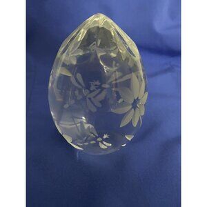 Shannon Crystal Cut Glass Egg Paperweight Decor Etched Butterflies Floral  4.5"